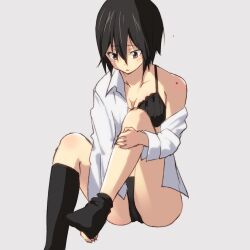  bare_shoulders black_bra black_hair black_panties blush bra brown_eyes commentary_request dress_shirt female inaba_himeko kokoro_connect long_legs mokkei off_shoulder panties school_uniform shirt short_hair simple_background sitting socks solo sweat underwear undressing white_background white_shirt yamaboshi_private_high_school_uniform 