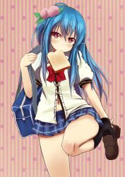  adapted_costume bag blue_hair blue_skirt bread commentary_request comord female food fruit hinanawi_tenshi loafers long_hair miniskirt mouth_hold navel peach putting_on_shoes red_eyes school_uniform shirt shoes skirt solo touhou 