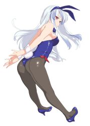  animal_ears ass bad_id blue_hair blue_leotard breasts female full_body high_heels kamishirasawa_keine leotard long_hair medium_breasts pantyhose playboy_bunny rabbit_ears red_eyes rokuwata_tomoe shoes simple_background solo touhou white_background white_hair wrist_cuffs 