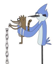  avian bird blue_jay cartoon_network container corvid cup hi_res jay_(bird) male mammal mordecai_(disambiguation) new_world_jay oscine passerine playing procyonid raccoon regular_show rigby simple_background unknown_artist white_background 