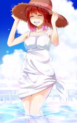  ^_^ bow bow_panties brown_hair closed_eyes commentary_request dress female hagiwara_yukiho hands_on_headwear hat idolmaster idolmaster_(classic) nira_(vira) panties see-through short_hair solo straw_hat tied_dress underwear wading water white_dress 