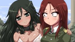  2girls aged_up black_hair blush breasts brown_eyes brown_hair cleavage commentary francesca_lucchini green_eyes hand_on_another&#039;s_shoulder large_breasts long_hair military military_uniform minna-dietlinde_wilcke monizumi_ishikawa multiple_girls oerba_yun_fang photoshop_(medium) saitou_chiwa strike_witches surprised sweatdrop uniform voice_actor_connection world_witches_series 