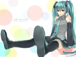  aqua_eyes aqua_hair bare_shoulders boots character_name commentary_request detached_sleeves female hatsune_miku long_hair looking_away partial_commentary shiromi_(ringo) sitting skirt solo thigh_boots thighhighs twintails very_long_hair vocaloid zettai_ryouiki 