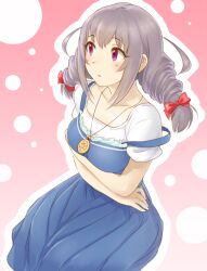  blush braid commentary_request crossed_arms dani-ikapi dress female grey_hair idolmaster idolmaster_cinderella_girls jewelry long_hair necklace pendant red_eyes sakakibara_satomi solo twin_braids twintails 