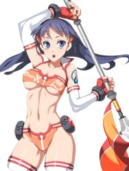  aizen_hinano arm_up bandeau bare_shoulders blue_eyes blue_hair breasts cleavage commentary_request cropped_legs elbow_gloves female fingerless_gloves gloves headgear junketsu_duelion long_hair medium_breasts midriff muscular navel official_art open_mouth photoshop_(medium) polearm shiny_skin simple_background solo strapless takoyaki_neko-san tattoo thighhighs underboob weapon white_background 