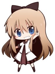  blonde_hair blue_eyes blush bow chibi commentary_request female hairbow long_hair nanamori_school_uniform open_mouth satsuki_mei_(sakuramochi) school_uniform serafuku smile solo toshinou_kyouko white_background yuru_yuri 