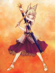  blonde_hair commentary_request earmuffs female highres kona_c photoshop_(medium) ritual_baton scabbard sheath sheathed short_hair sleeveless solo standing sword touhou toyosatomimi_no_miko weapon yellow_eyes 