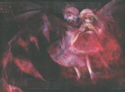  2girls absurdres ascot bat_wings blonde_hair blue_hair crystal flandre_scarlet hat hat_ribbon highres multiple_girls open_mouth photoshop_(medium) puffy_sleeves red_eyes remilia_scarlet ribbon scan shimeko short_hair short_sleeves side_ponytail smile touhou wings 