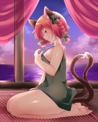  animal_ears bad_proportions bare_legs barefoot braid cat_ears cat_tail come_hither commentary_request curtains dress feet female from_side full_body green_skirt hair_ribbon hammer_(sunset_beach) kaenbyou_rin multiple_tails ocean pillar profile red_eyes red_hair ribbon seductive_smile seiza short_dress short_hair sitting skirt smile soles solo strap_lift tail thighs toes touhou twin_braids 