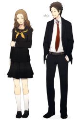  1boy adachi_tooru age_difference belt blazer brown_hair commentary english_commentary female formal grin hand_in_pocket hanpetos houndstooth jacket konishi_saki necktie persona persona_4 school_uniform serafuku simple_background smile socks suit white_background white_legwear yasogami_school_uniform 