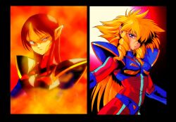  2girls armor black_armor blonde_hair bodysuit commentary_request drill_hair elf hair_over_one_eye iczer-1 iczer-2 iczer_(series) koube_masahiko long_hair multiple_girls orange_background photoshop_(medium) pointy_ears red_eyes red_hair serious siblings sidelocks sisters tatakae!!_iczer-1 