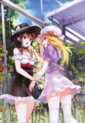  2girls 77gl :d adapted_costume blonde_hair bow brown_hair choker collarbone cosplay fence flower food hair_ribbon hat hat_bow hat_ribbon highres ice_cream ice_cream_cone long_hair maribel_hearn miyamoto_konatsu miyamoto_konatsu_(cosplay) multiple_girls non-web_source okita_sawa okita_sawa_(cosplay) open_mouth photoshop_(medium) purple_eyes red_eyes ribbon scan smile standing tari_tari thighhighs touhou usami_renko white_bow white_thighhighs 