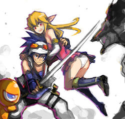  1boy ass battle blonde_hair blue_hair boots carrying carrying_over_shoulder embarrassed esper_(saga_2) fantasy female goggles human_(saga_2) kara_(color) long_hair lowres monster one-eyed panties pointy_ears saga saga_2 sweatdrop sword teacher_(saga_2) underwear weapon white_panties 