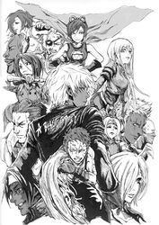  6+boys 6+girls angel_(kof) bare_shoulders beard blunt_bangs breasts cape cleavage clenched_teeth coelacanth_(gyotaku) commentary_request dress everyone facial_hair foxy_(kof) gloves greyscale k&#039;_(kof) k9999 krizalid kula_diamond kusanagi_(clone) large_breasts lin_(kof) looking_at_viewer maxima may_lee medium_breasts monochrome multiple_boys multiple_girls parted_lips ramon_(kof) seth_(kof) short_hair simple_background sketch teeth the_king_of_fighters upper_body vanessa_(kof) whip_(kof) white_background wrinkled_skin 