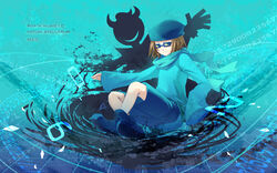  1boy bad_id bad_pixiv_id bemani blonde_hair blue_eyes evil_smile glasses hat hatena_(pop&#039;n_music) long_sleeves male_focus mzd photoshop_(medium) pop&#039;n_music shadow shiramori_yuse sitting sleeves_past_wrists smile smirk solo 