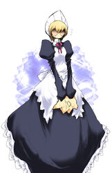  3m alien aoguu apron bad_id bad_pixiv_id black_dress breasts dress female fewer_digits flatwoods_monster flying_sweatdrops futaba_channel juliet_sleeves long_sleeves maid nijiura_maids no_mouth no_nose orange_eyes pink_ribbon puffy_sleeves ribbon simple_background small_breasts solid_eyes solo v_arms white_apron white_background 