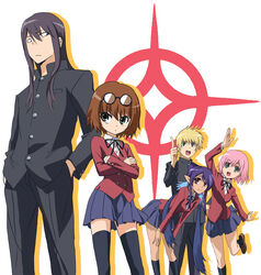  2boys 3girls alternate_costume bob_cut commentary_request estellise_sidos_heurassein flynn_scifo judith_(tales) maruru_(marimo811) multiple_boys multiple_girls oohashi_high_school_uniform parody pointy_ears rita_mordio school_uniform tales_of_(series) tales_of_vesperia thighhighs toradora! yuri_lowell 