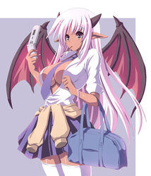  bag bat_wings breasts cellphone cleavage dark-skinned_female dark_skin demon_girl female food horns large_breasts long_hair monster_girl mouth_hold nanakorobi_yaoki necktie original phone pocky purple_eyes purple_hair school_uniform skirt solo thighhighs wings zettai_ryouiki 