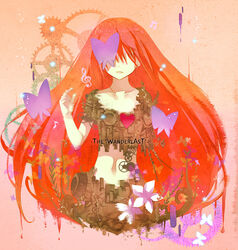  android bad_id bad_pixiv_id bug butterfly damaged dripping female flower gears heart long_hair mechanical_parts megurine_luka musical_note no_eyes peperonchiino pink_hair red_hair robot smile solo song_name very_long_hair vocaloid wander_last_(vocaloid) 