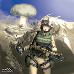  assault_rifle black_gloves brown_hair brown_shirt combat_helmet commentary_request detonator emerald_zone explosion fei_(maidoll) female flak_jacket fn_scar fn_scar_16 glasses gloves goggles grenade_launcher grey_eyes gun helmet holding jacket long_sleeves military mushroom_cloud optical_sight pants parted_lips photoshop_(medium) pouch rifle shirt short_hair soldier solo thigh_strap underbarrel_grenade_launcher weapon 