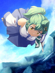  alternate_hairstyle bare_shoulders commentary_request day detached_sleeves female flying frog gohei green_hair hair_ornament highres kochiya_sanae long_hair mountain outdoors ponytail short_hair sky smile snake solo tdk touhou yellow_eyes 