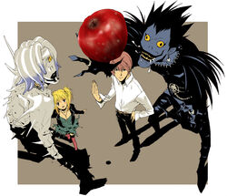  1boy amane_misa apple bad_id bad_pixiv_id belt blazer blonde_hair brown_hair coco_(nattou) death_note dress dress_shirt female fishnet_thighhighs fishnets food fruit jacket looking_up rem_(death_note) ryuk saliva shinigami shirt skull thighhighs torn_clothes yagami_light 