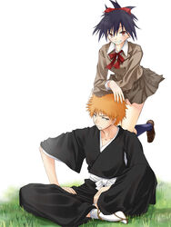  1boy bleach bleach:_memories_of_nobody blush brown_eyes female grass grin hair_ribbon iwasaki_takashi kurosaki_ichigo leg_lift orange_hair photoshop_(medium) ponytail purple_hair ribbon school_uniform senna_(bleach) sitting skirt smile socks sweatdrop 