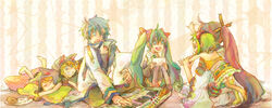  3boys 3girls blonde_hair blue_eyes blue_hair commentary_request den detached_sleeves doughnut food goggles green_eyes green_hair gumi hair_ornament hair_ribbon hairclip hatsune_miku kagamine_len kagamine_rin kaito_(vocaloid) kamui_gakupo long_hair multiple_boys multiple_girls necktie photoshop_(medium) ribbon short_hair siblings skirt smile thighhighs twins twintails vocaloid zettai_ryouiki 