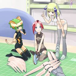  3girls animal_ears bent_over black_thighhighs blonde_hair blue_eyes blush busou_shinki commentary_request doll_joints flat_chest gloves green_eyes green_hair grey_thighhighs joints juvisy kneeling maochao mini_person minigirl multicolored_hair multiple_girls pink_hair pointing purple_eyes red_hair smile tail thighhighs two-tone_hair ugai_yuichi zettai_ryouiki zyrdarya 