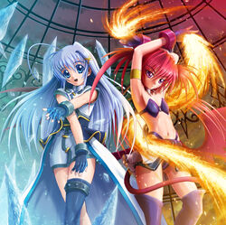  2girls agito_(nanoha) ahoge armband armpits arms_up asymmetrical_legwear blue_eyes blue_hair boots commentary_request demon_tail dress fingerless_gloves fire flat_chest gloves hair_ornament highres ice long_hair lyrical_nanoha magical_girl mahou_shoujo_lyrical_nanoha_strikers multiple_girls navel photoshop_(medium) purple_eyes red_hair reinforce_zwei sentaro single_thighhigh tail thigh_boots thighhighs twintails uneven_legwear waist_cape wings x_hair_ornament 