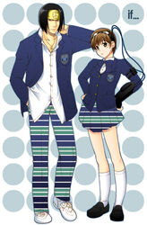  1boy bad_id bad_pixiv_id black_hair blazer blush brown_hair female goggles head-mounted_display headband hiyoshi_hana jacket karukozaka_high_school_uniform miyamoto_akira polka_dot school_uniform shin_megami_tensei shin_megami_tensei:_if... skirt socks striped uchida_tamaki unmoving_pattern white_socks 