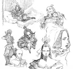  2girls 3boys avatar:_the_last_airbender avatar_legends avici azula bad_id bad_pixiv_id greyscale iroh monochrome multiple_boys multiple_girls ozai sketch ursa_(avatar) zuko 