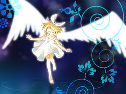  angel_wings barefoot blonde_hair closed_eyes commentary_request female hair_ribbon highres junji kagamine_rin ribbon ripples short_hair skirt solo vocaloid white_skirt wings 