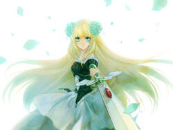  aqua_eyes bad_id bad_pixiv_id bare_shoulders blind_justice blonde_hair dress female flower hair_ornament long_hair matin_catorce midorigawa_akari petals photoshop_(medium) solo sword very_long_hair weapon zektbach 