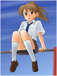  brown_eyes brown_hair female lielos necktie original panties pantyshot poniko_(lielos) ponytail school_uniform shirt sitting skirt solo underwear upskirt white_panties white_shirt 