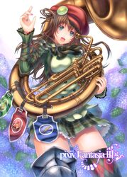  armor blue_eyes brown_hair cabbie_hat commentary_request female flower hat highres hydrangea instrument multicolored_nails nail_polish pixiv_fantasia pixiv_fantasia_3 ribbon sabamu skirt solo sousaphone thighhighs 