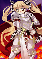  7th_dragon 7th_dragon_(series) armor bad_id bad_pixiv_id berich_(7th_dragon) blonde_hair brown_eyes brown_hair cape checkered female hair_ribbon knight_(7th_dragon) long_hair ribbon shirota_dai solo sword twintails very_long_hair weapon 