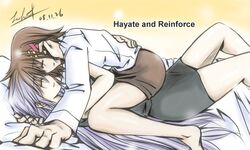  2girls barefoot bed brown_hair closed_eyes commentary_request dress face-to-face forehead-to-forehead grey_hair hair_ribbon heads_together leoheart long_hair lying lyrical_nanoha mahou_shoujo_lyrical_nanoha_strikers military military_uniform multiple_girls no_legwear pencil_skirt reinforce ribbon short_hair skirt straddling tsab_ground_military_uniform uniform very_long_hair yagami_hayate yuri 