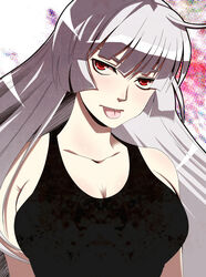  :p breasts cleavage close-up collarbone commentary_request female fujiwara_no_mokou grey_hair highres large_breasts long_hair red_eyes solo tank_top tongue tongue_out touhou waya 