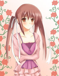  blush brown_hair commentary_request female flat_chest flower hair_ribbon highres holding_own_arm houjouin_seika long_hair orange_eyes photoshop_(medium) princess_lover ribbon solo twintails yuzin 