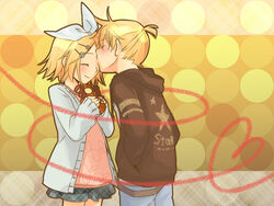  1boy blonde_hair brother_and_sister casual closed_eyes commentary_request female hair_ornament hair_ribbon hairclip hands_in_pockets junji kagamine_len kagamine_rin kissing kissing_forehead ribbon short_hair siblings smile twins vocaloid 