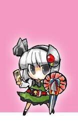  belt bob_cut chibi female hairband hashimoto kamen_rider kamen_rider_blade kamen_rider_blade_(series) konpaku_youmu long_sleeves lowres parody ribbon short_hair simple_background solo sword touhou weapon 