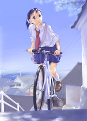  architecture bicycle black_hair blue_hair blue_skirt blue_sky branch brown_footwear collared_shirt day east_asian_architecture female full_body gable_roof grey_eyes hair_ribbon horizon loafers long_sleeves looking_to_the_side miniskirt necktie ocean original outdoors parted_lips ponytail power_lines purple_eyes railing red_necktie ribbon riding road school_uniform shirt shoes skirt sky sleeves_rolled_up socks solo t_heru utility_pole white_ribbon white_shirt white_socks 