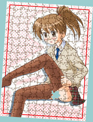  blush brown_eyes brown_hair censored dressing female jigsaw_puzzle lielos necktie novelty_censor original pantyhose poniko_(lielos) puzzle solo sweater 