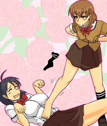  2girls 69_(tranquilo) ahoge ame_no_kisaki_academy_school_uniform arms_behind_back bad_id bad_pixiv_id barefoot black_hair blush brown_eyes brown_hair closed_eyes flower maria_holic miyamae_kanako multiple_girls oekaki paw_pose pet_play rubbing saliva school_uniform shoes short_hair single_shoe single_sock socks tsutsui_honoka yuri 