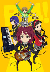  4girls amagi_yukiko bass_guitar black_eyes black_hair blue_hair brown_eyes brown_hair c_(neta) cagayake!_girls_pose cardigan commentary_request crossover drum drum_set drumsticks earrings electric_guitar fender_jazz_bass gibson_les_paul grey_eyes guitar hairband instrument jacket jewelry k-on! keyboard_(instrument) korg korg_triton kujikawa_rise long_hair multiple_girls pantyhose parody persona persona_4 photoshop_(medium) red_hair satonaka_chie school_uniform shirogane_naoto thighhighs tomboy track_jacket twintails zettai_ryouiki 