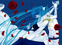  1boy bad_id bad_pixiv_id blue_hair cendrillon_(vocaloid) dagger dress elbow_gloves female flower gloves hatsune_miku headband kaito_(vocaloid) kamu_(camui) knife long_hair petals rose twintails very_long_hair vocaloid weapon white_dress 