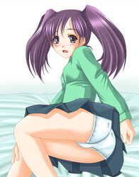  amanomurakumo ass bed blouse blue_panties blush commentary_request female long_sleeves lying mega_man_(series) mega_man_battle_network_(series) mega_man_battle_network_4 miniskirt on_side panties pantyshot photoshop_(medium) pleated_skirt purple_eyes purple_hair shirt short_twintails shuko_kido_(mega_man) skirt solo surprised twintails underwear upskirt 