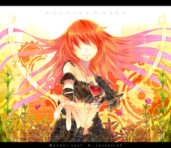  android bad_id bad_pixiv_id beckoning bug butterfly chains crop_top damaged detached_sleeves faceless facing_viewer female flower foreshortening gears gradient_hair hands heart letterboxed long_hair lyrics mechanical_parts megurine_luka midriff multicolored_hair musical_note navel no_eyes open_hand outstretched_arm outstretched_hand pink_hair reaching red_hair renta_(deja-vu) robot smile solo song_name translated treble_clef very_long_hair vocaloid wander_last_(vocaloid) 