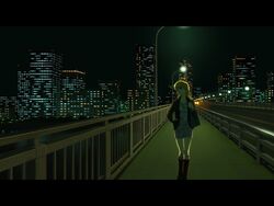  backlighting bad_id bad_pixiv_id bag blonde_hair boots bridge car city city_lights dark female hand_in_pocket hoshii_miki idolmaster idolmaster_(classic) lamppost letterboxed motor_vehicle night om_(carbohydratism) railing road scenery shoulder_bag skyline solo street traffic_barrier vanishing_point 